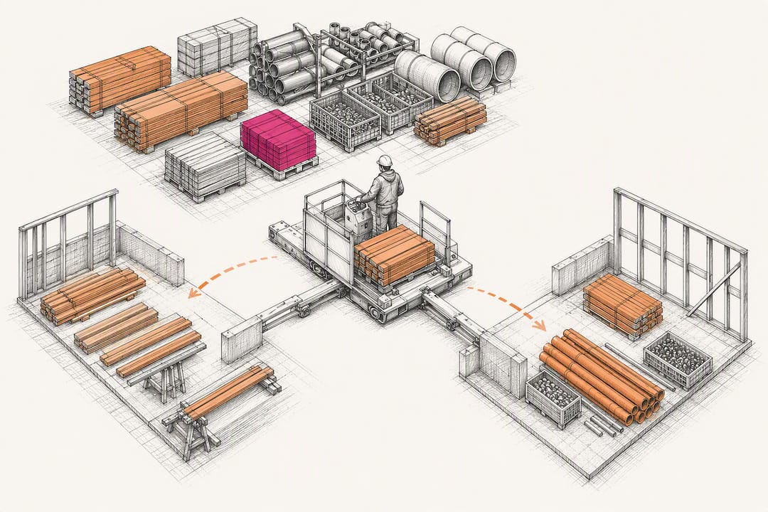 Construction materials allocated across project staging areas
