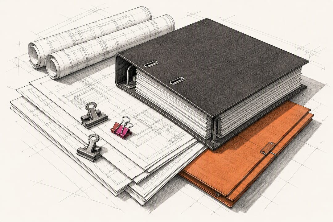 Controlled construction documents on drafting table