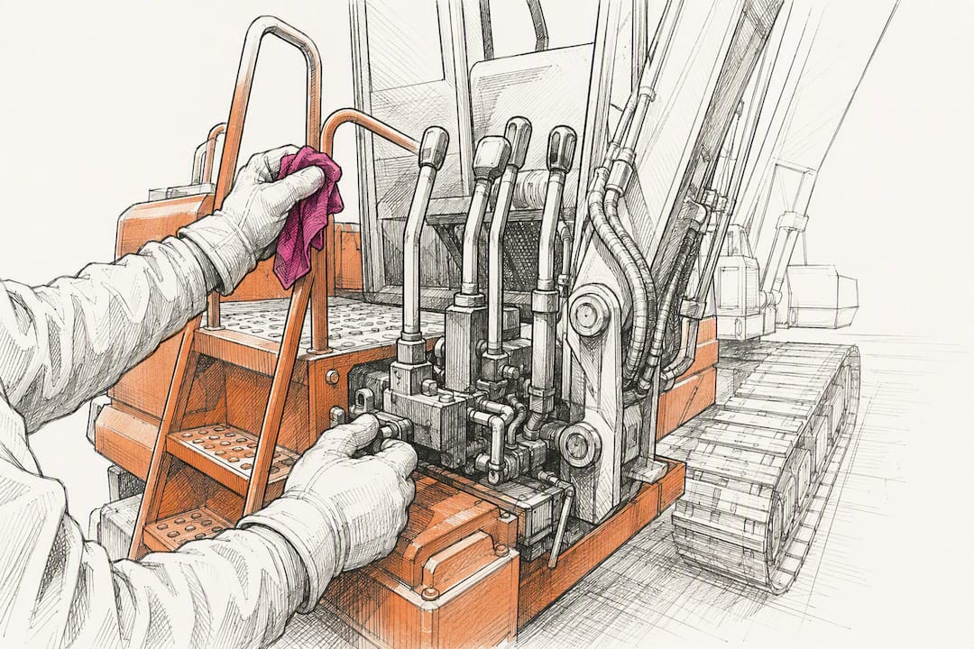 Gloved hands inspecting construction equipment controls