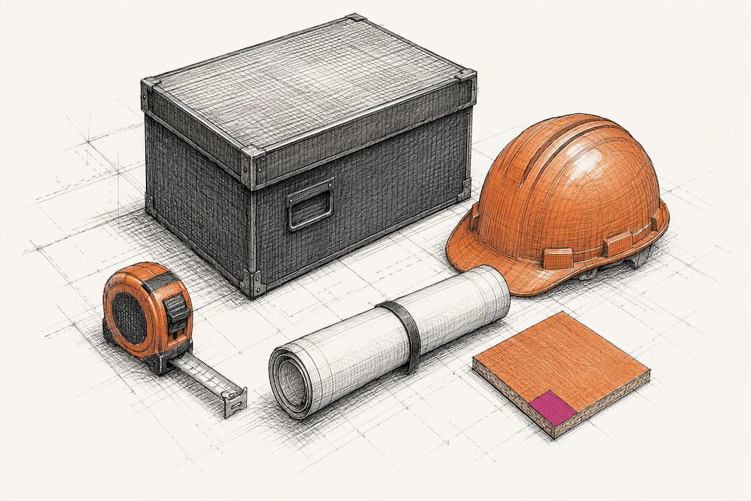 Construction vendor prequalification materials arranged on drafting paper