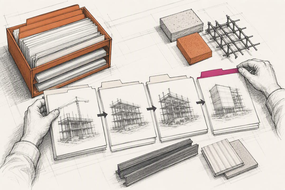 Hands organizing construction cost records
