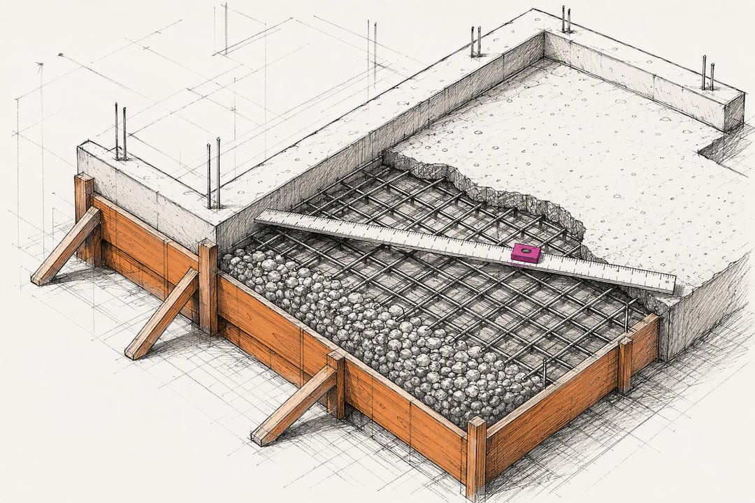 Partially completed foundation with measuring tools