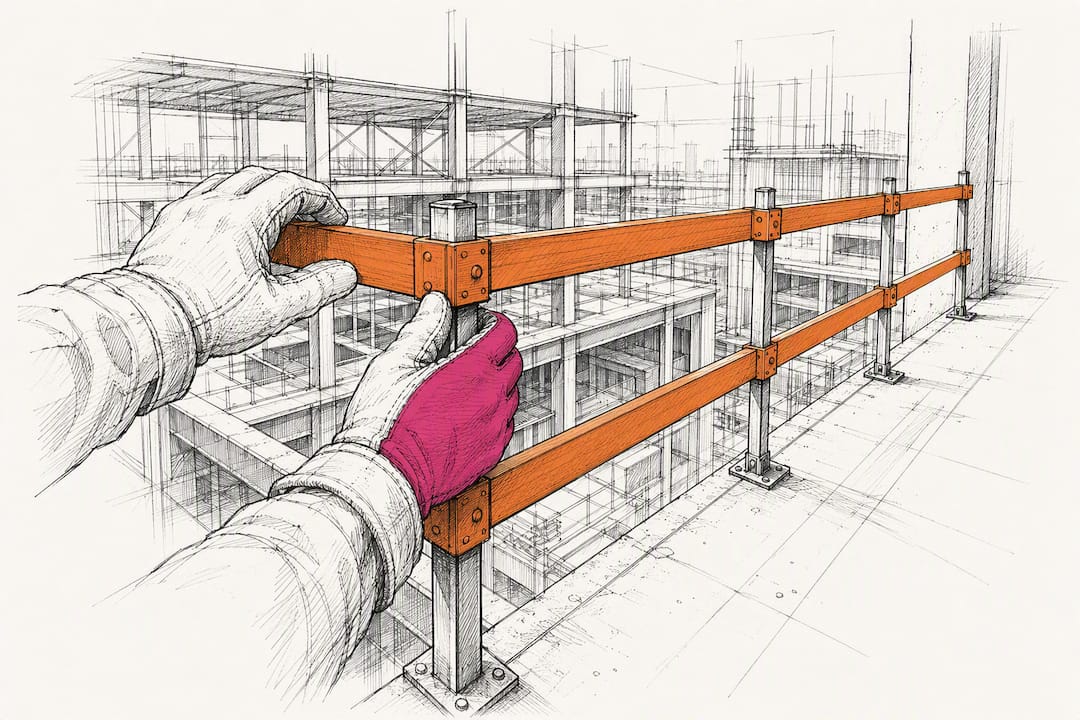 Gloved hands inspecting a construction guardrail