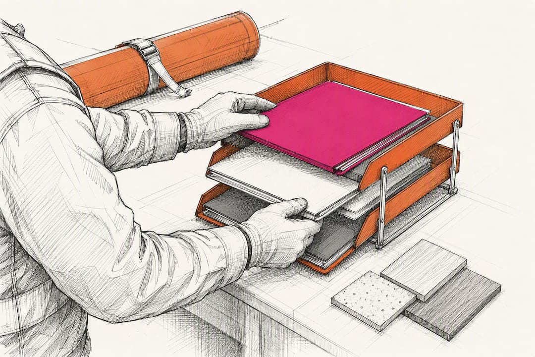 Gloved hands sorting construction approval folders