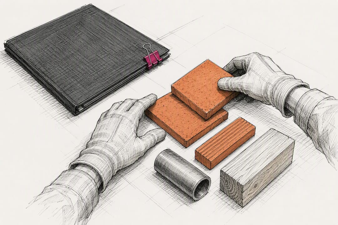 Hands organizing construction bid components