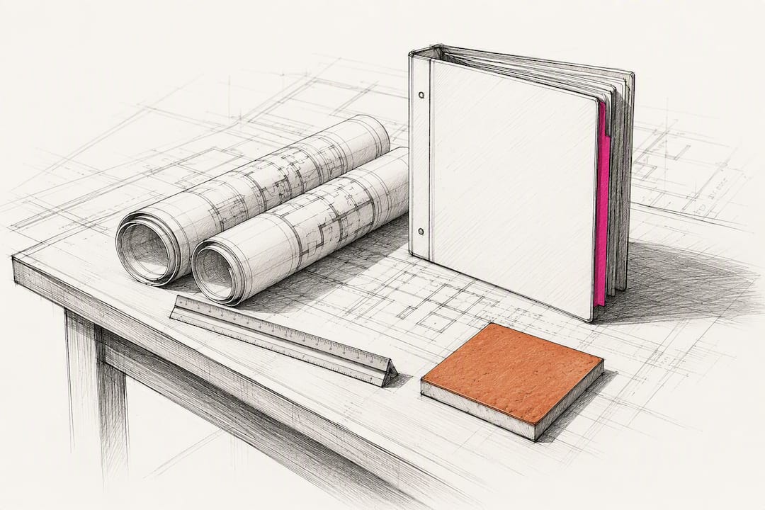 Construction planning materials representing project phases