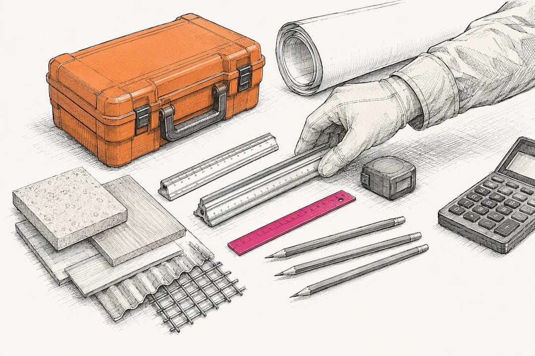 Construction estimating tools arranged at a workstation