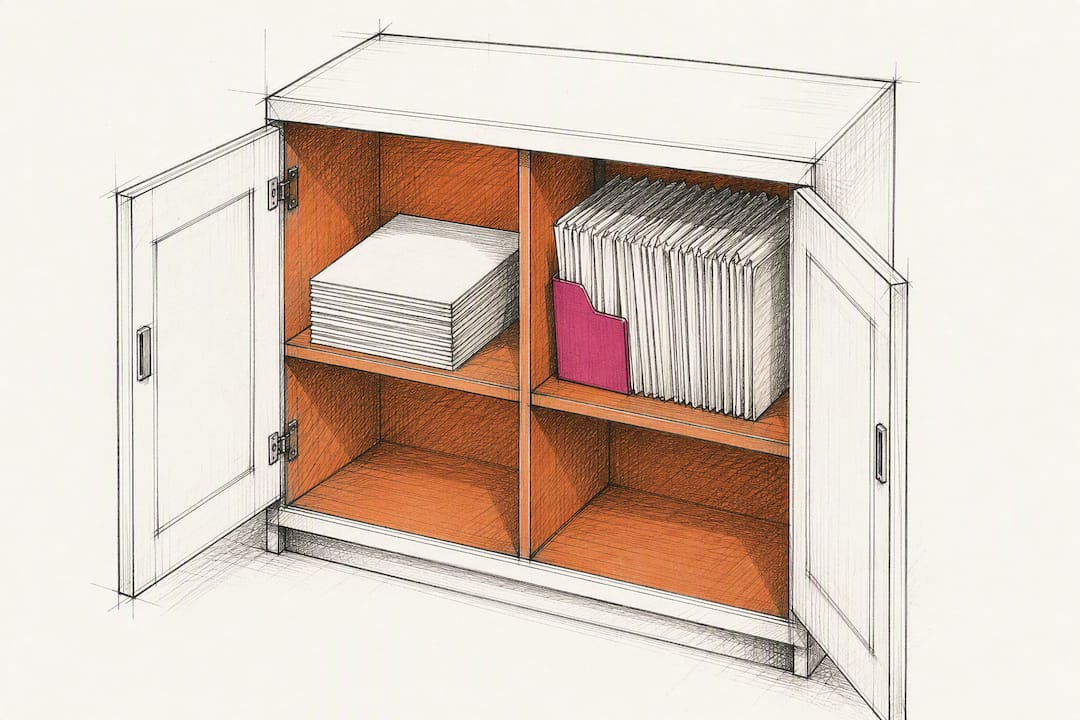 Organized template files beside archived project sheets