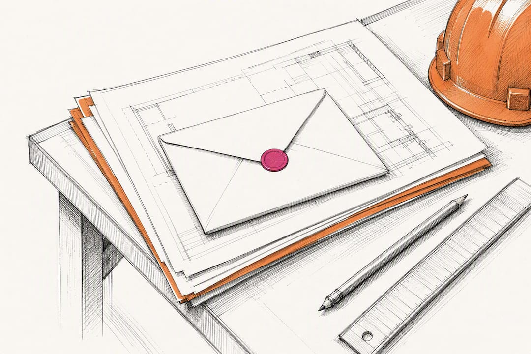 Construction email workflow materials on drafting bench