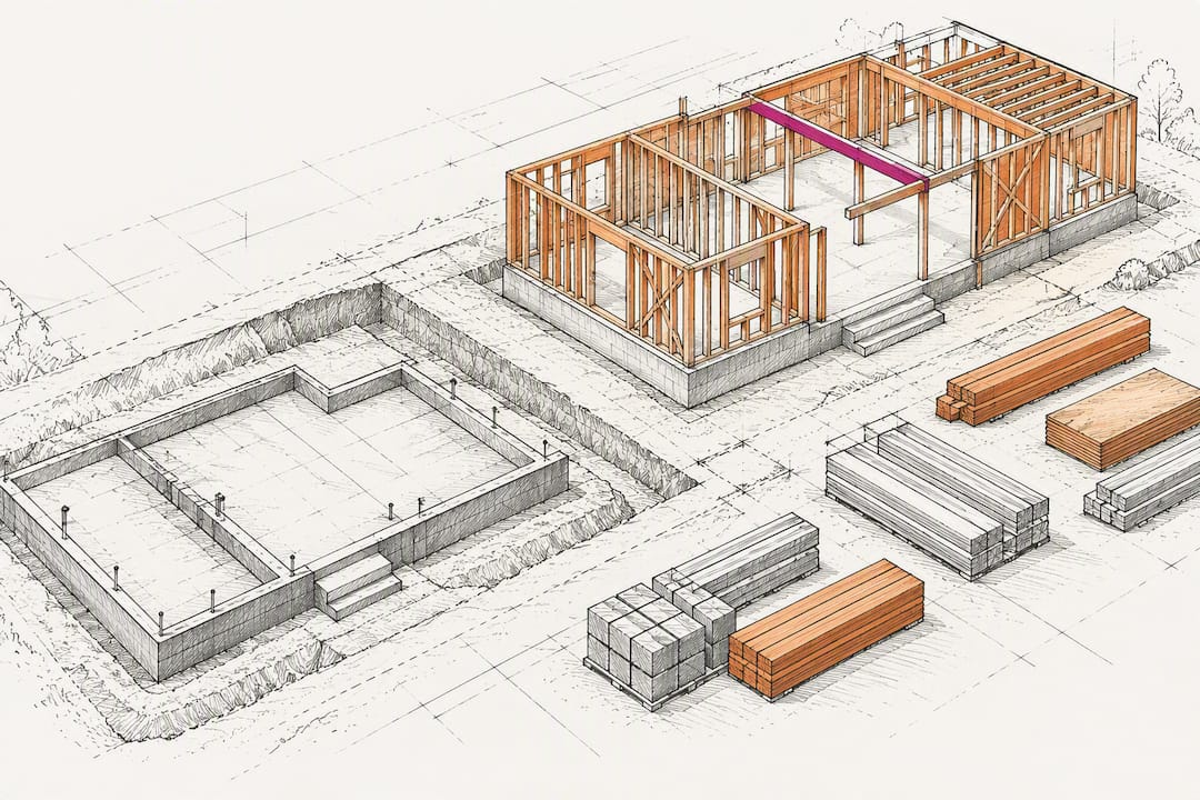 Isometric construction site with highlighted structural beam