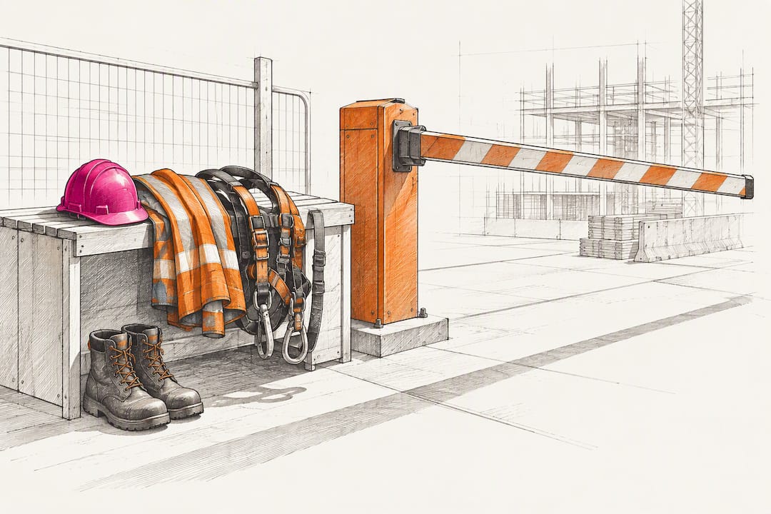 Construction safety gear at site access checkpoint