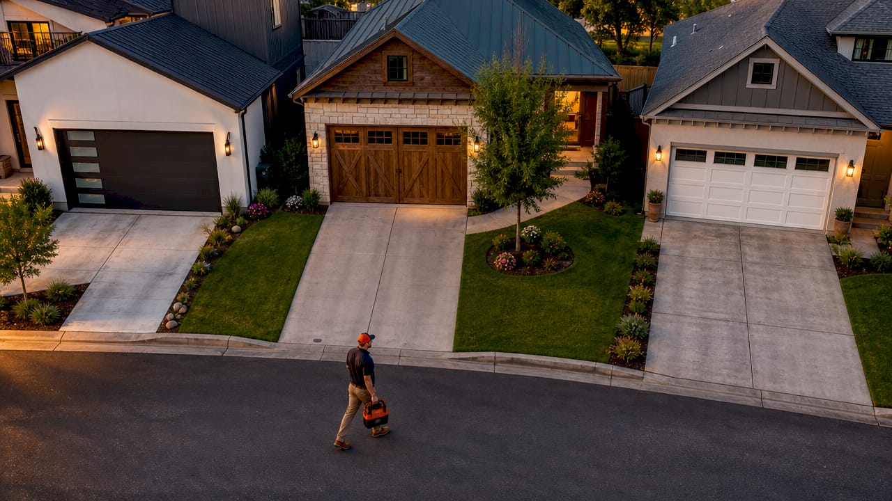 Three homes with distinct garage door styles outdoors