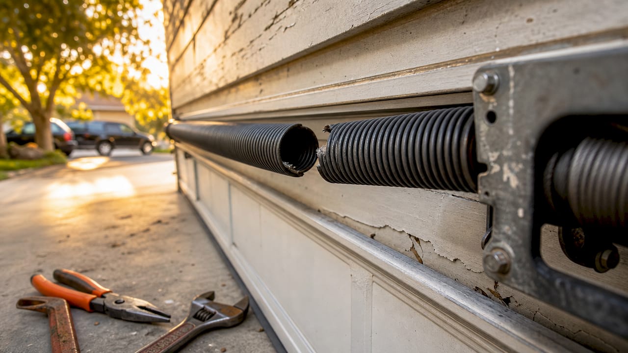 Close-up of snapped torsion spring on garage door