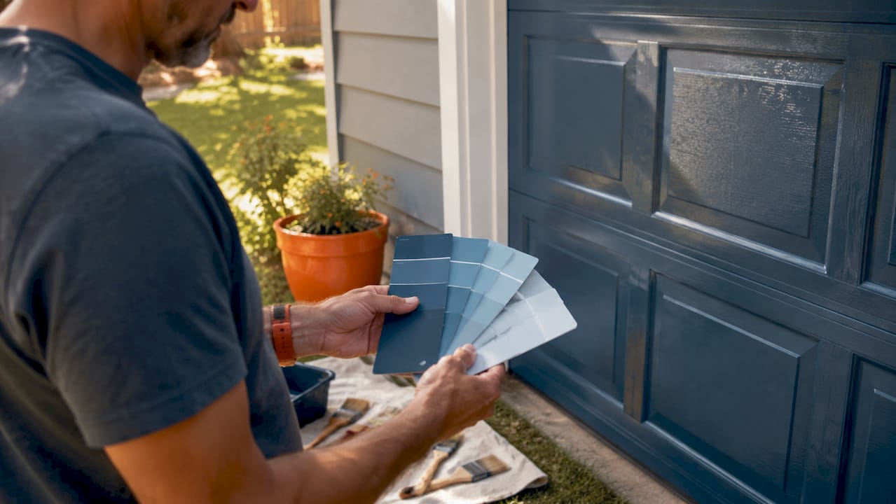 Hands selecting trim color next to garage door panel
