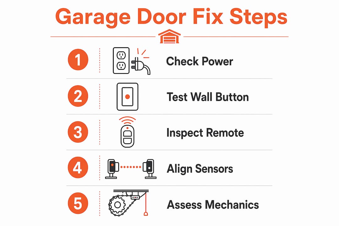 Infographic outlining garage door troubleshooting steps