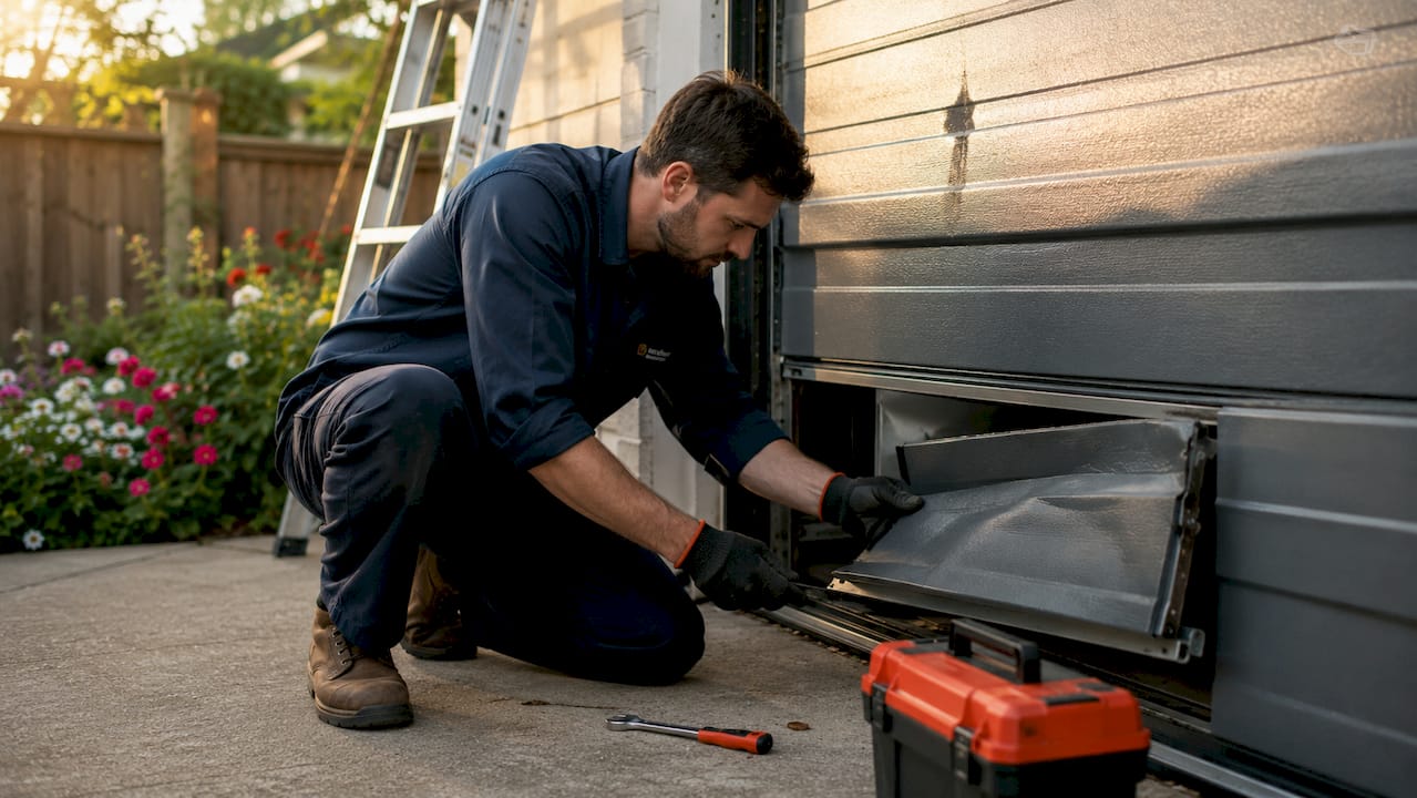 Technician replacing garage door panel outdoors