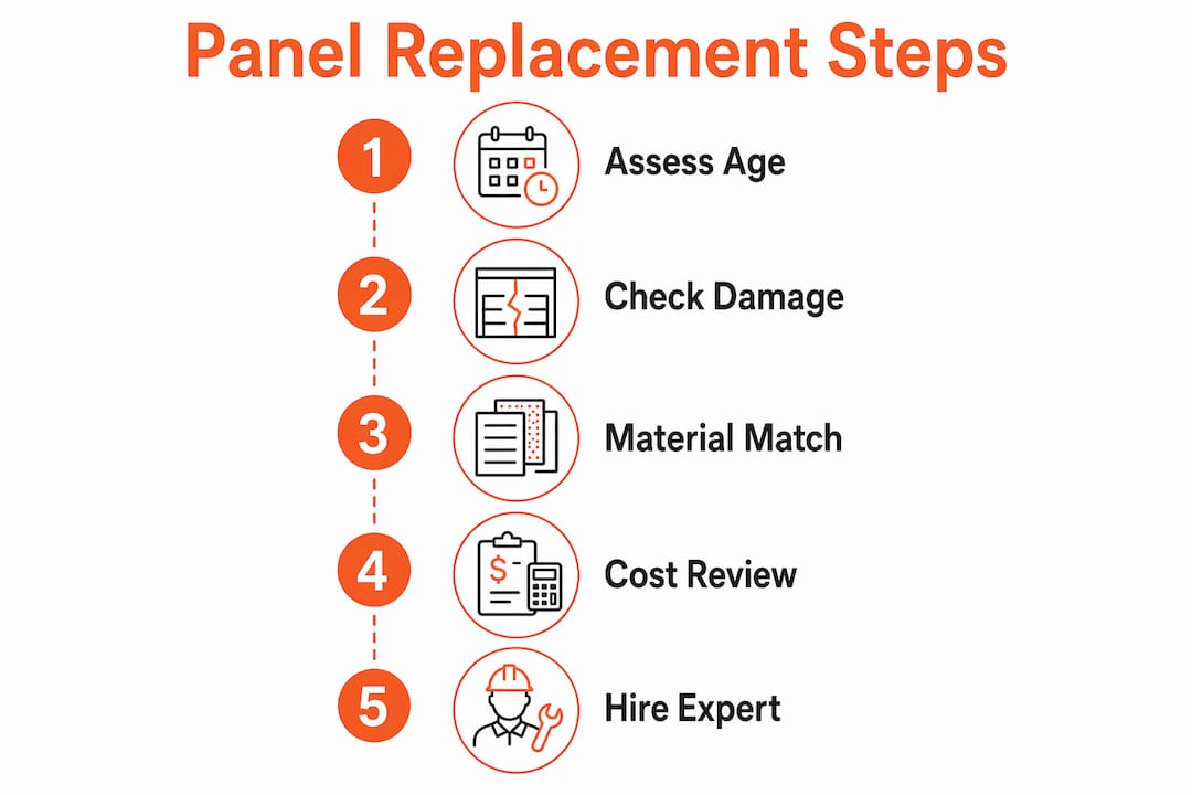 Infographic showing steps for garage door panel replacement