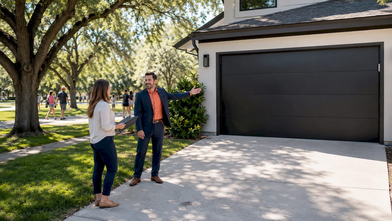 Real estate agent pointing at new garage door