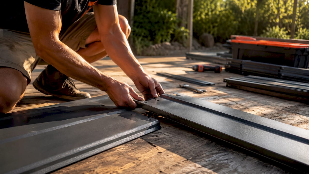 Hands assembling garage door panels on floor