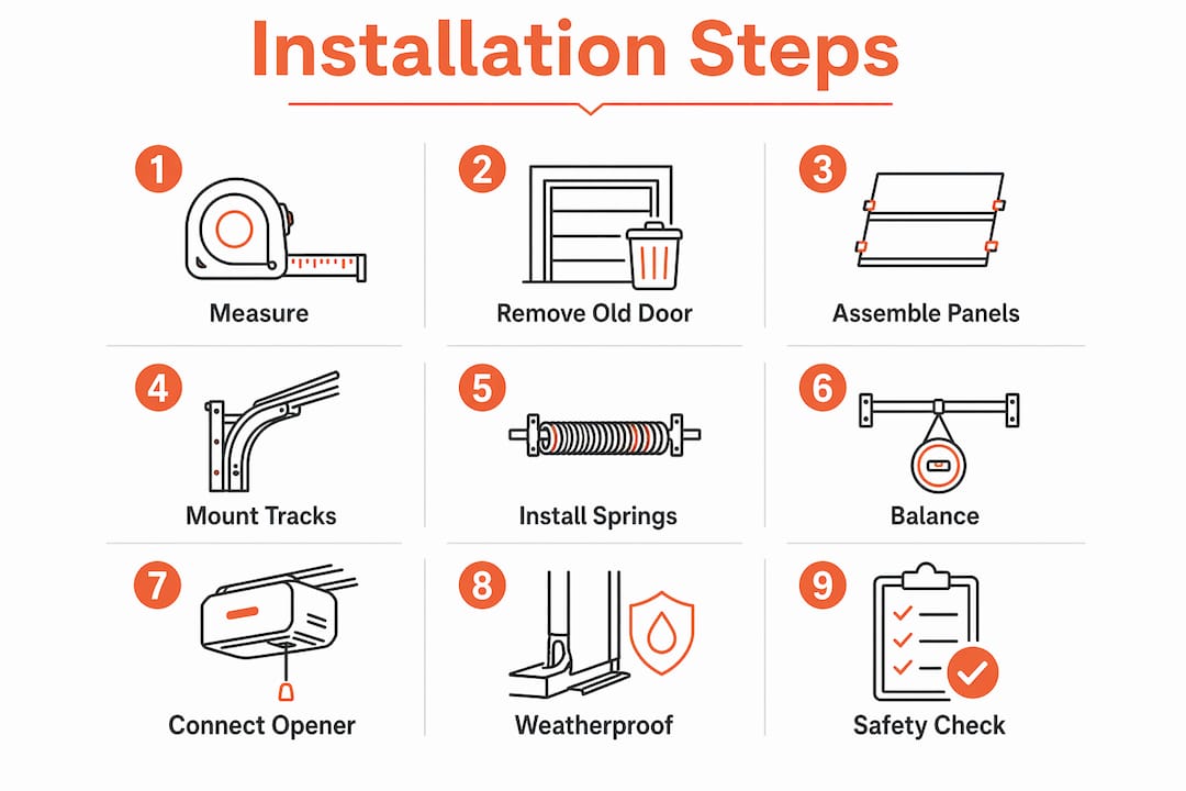 Step-by-step garage door installation process infographic