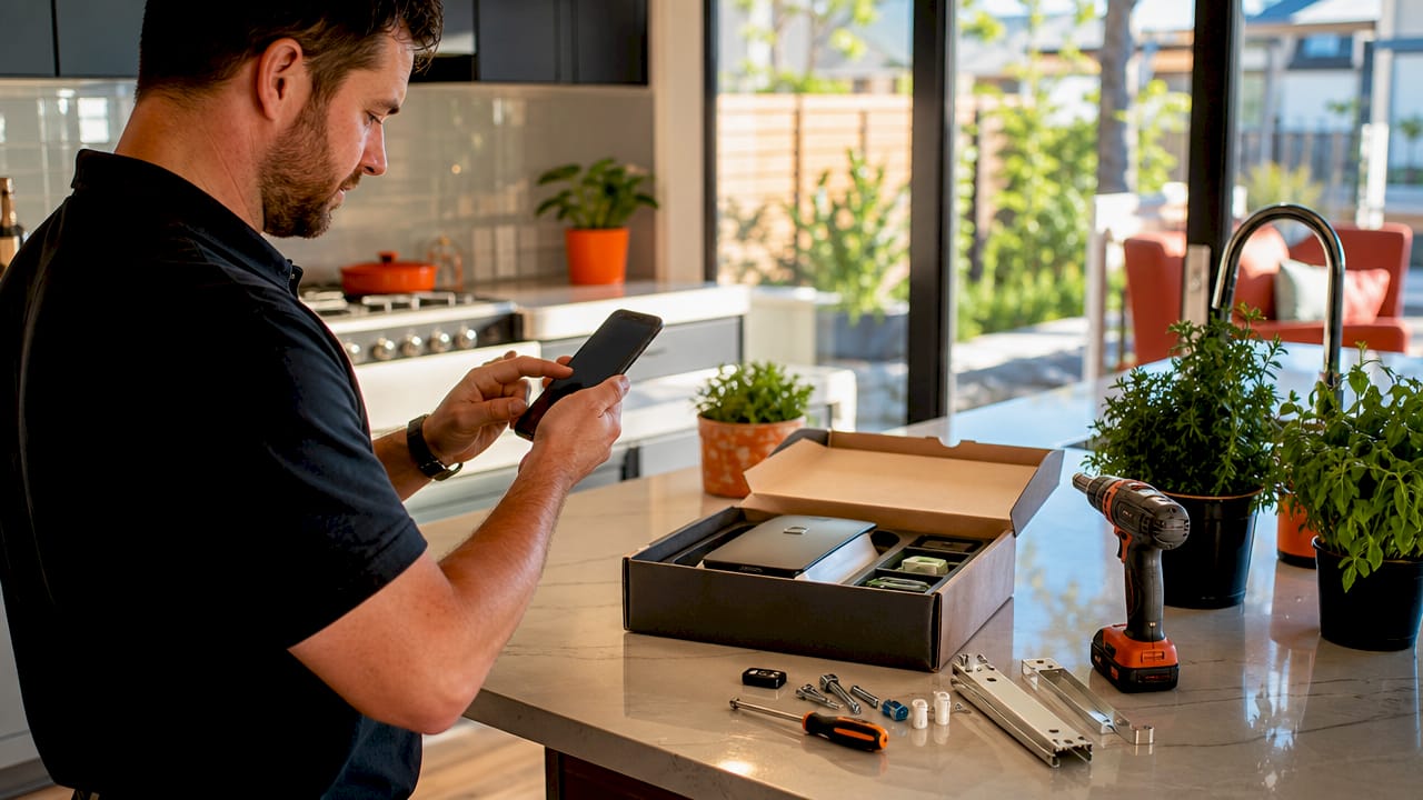 Hands using smartphone near garage door parts