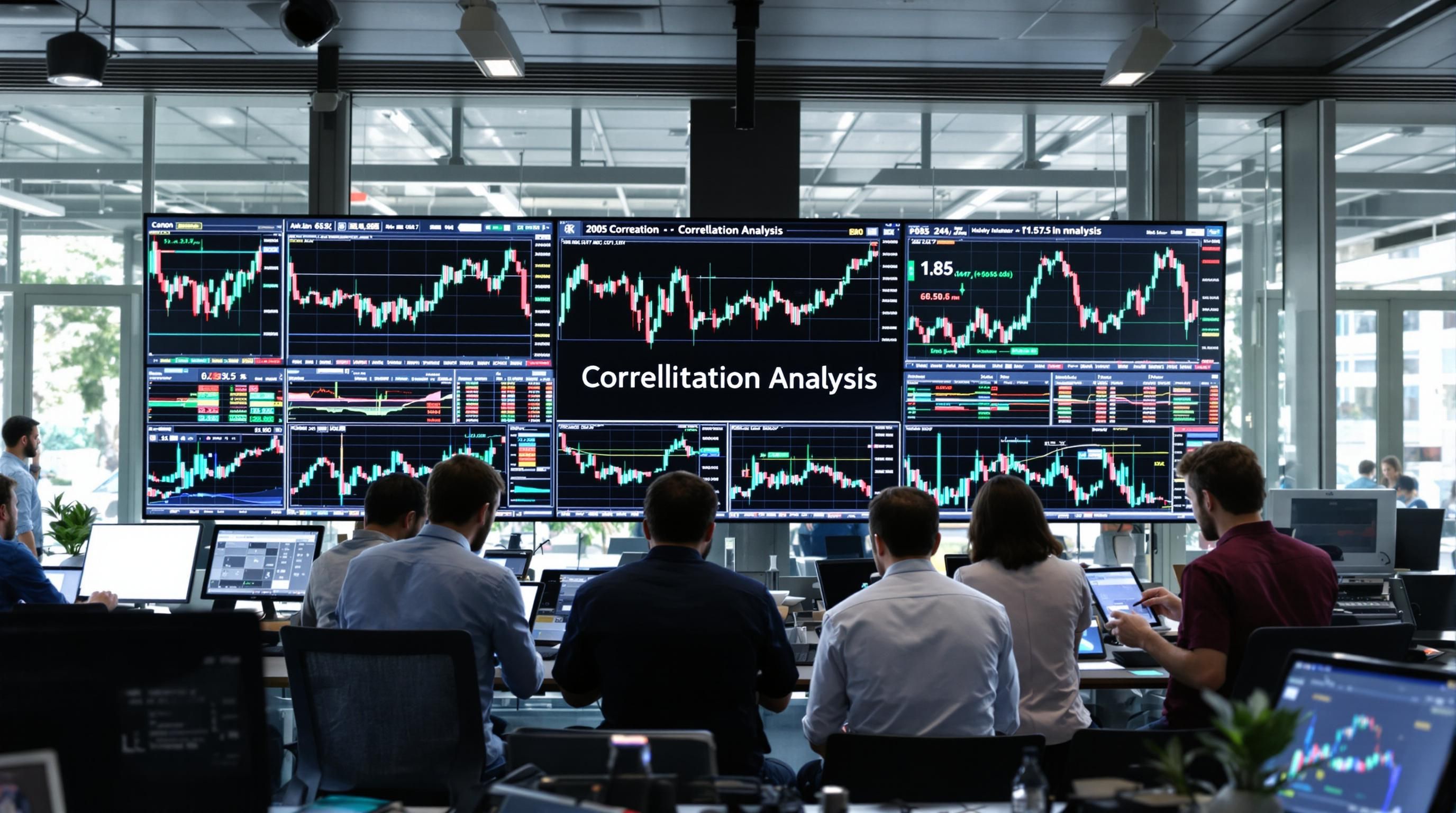 Analysts studying correlated stock data on trading floor dashboard