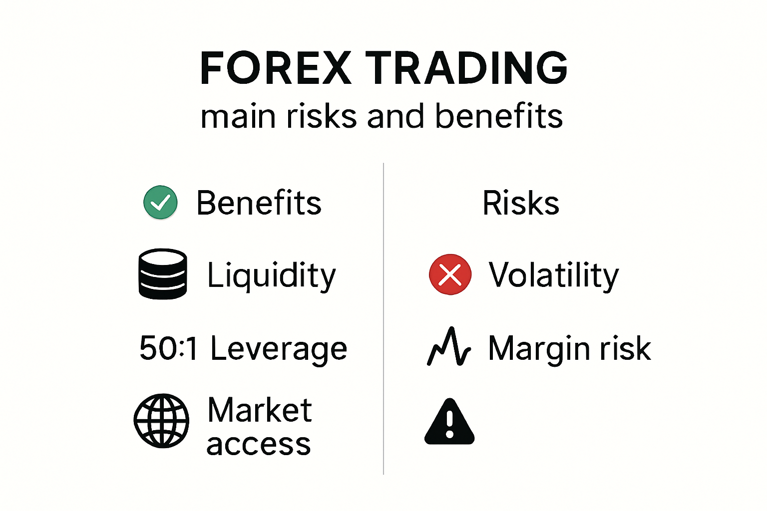 Infographic showing key forex trading risks and benefits