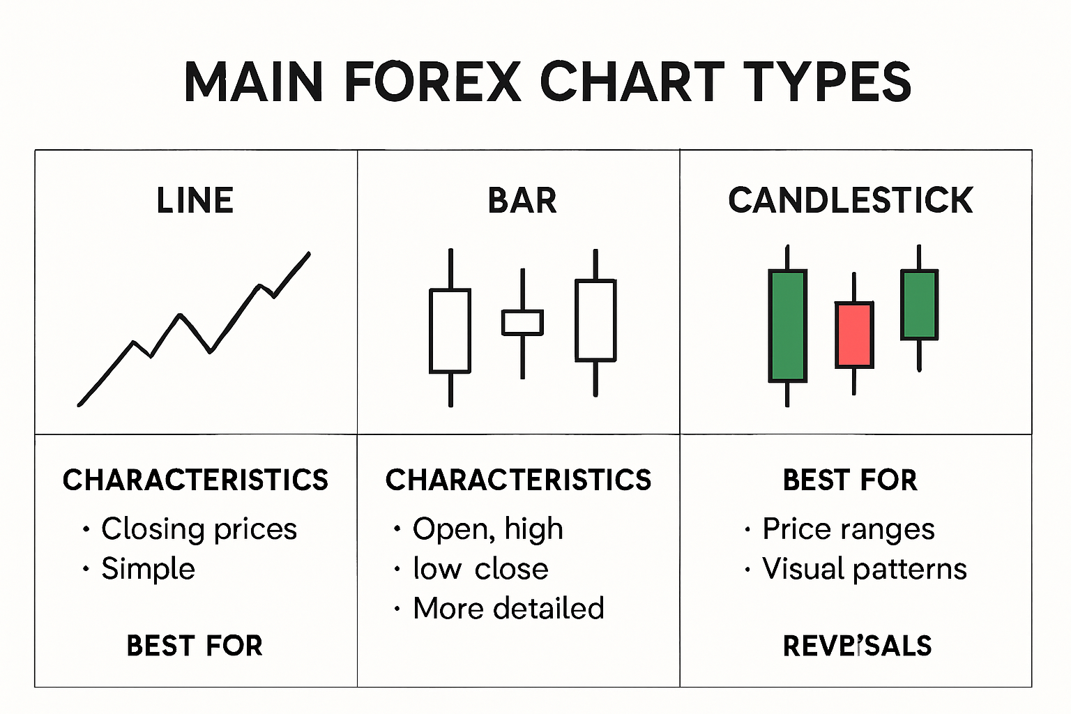 Comparison of line, bar, and candlestick forex charts