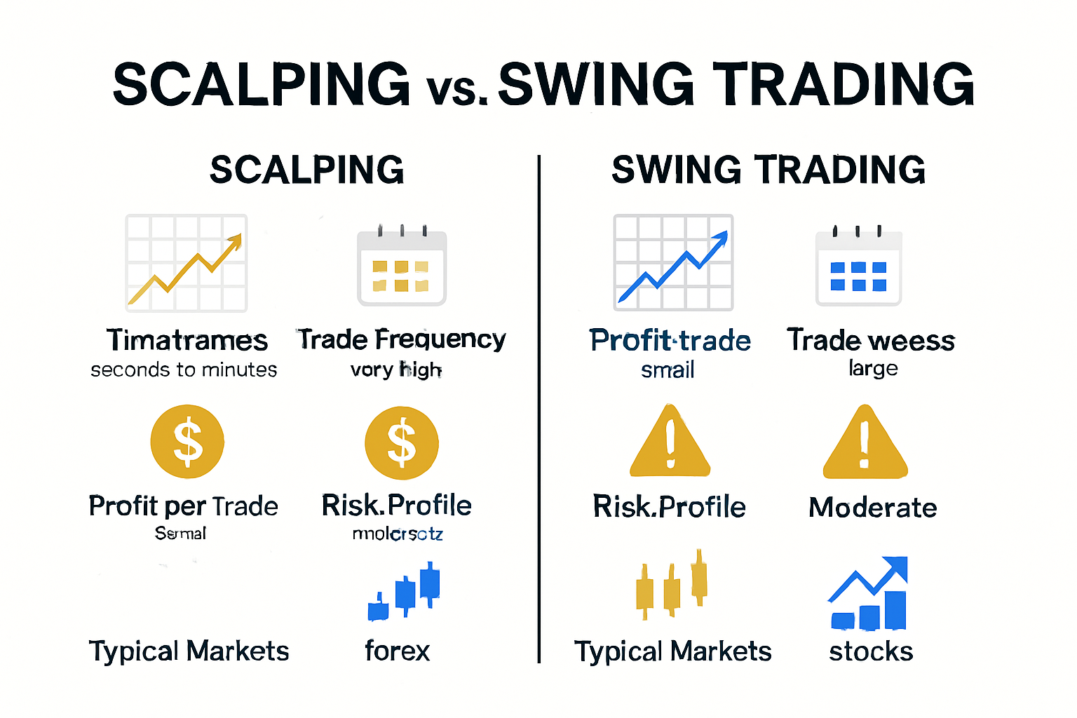 Infographic comparing scalping and swing trading features and statistics