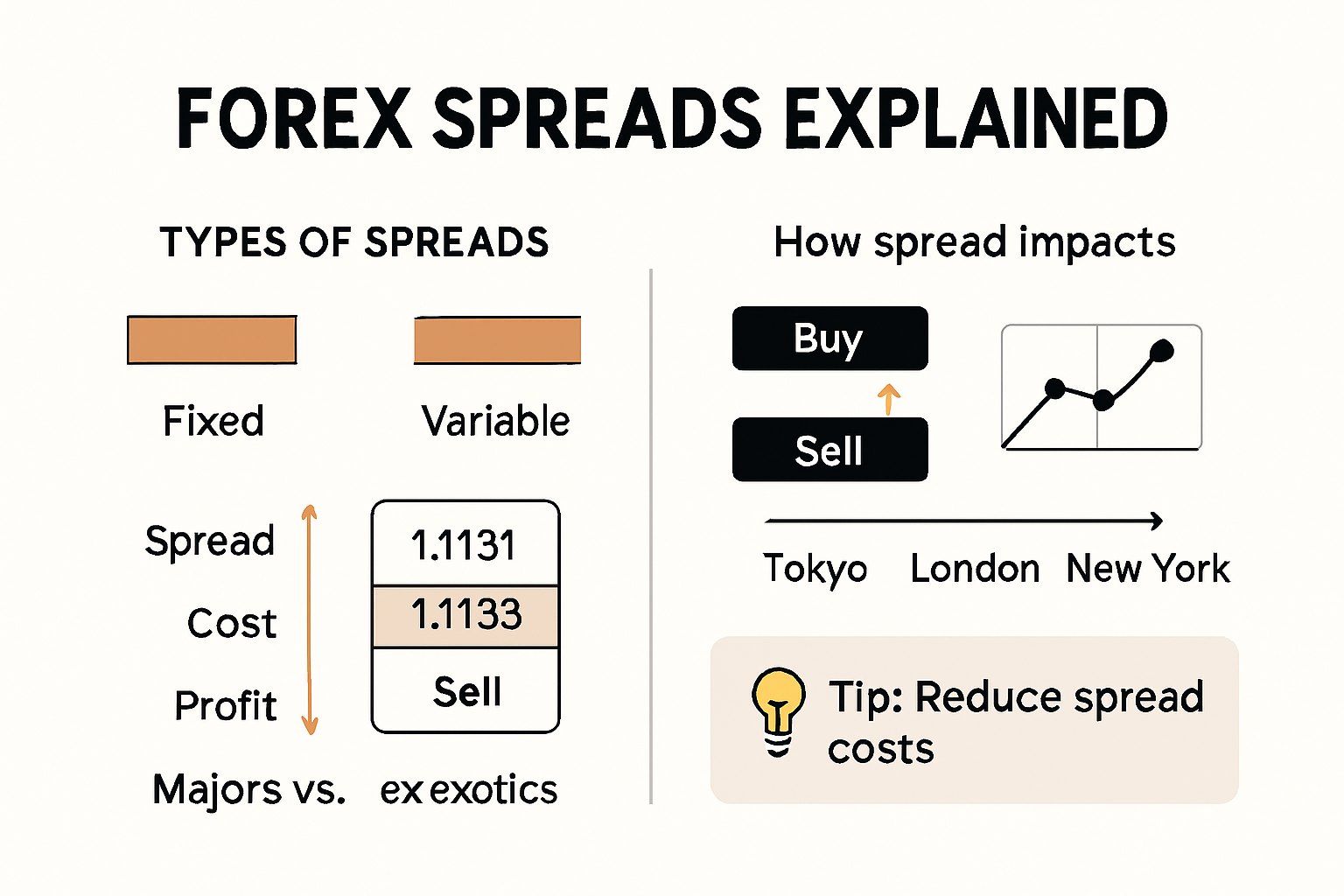 Infographic comparing  what is spread in forex, effects, and savings