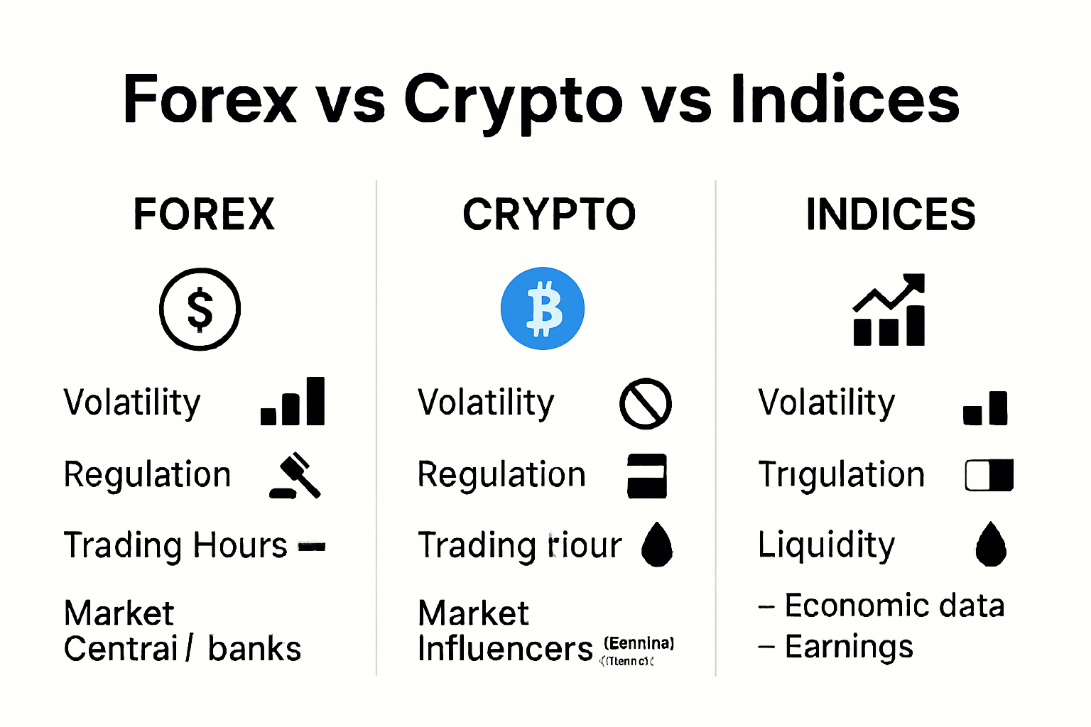 Infographic comparing forex, crypto, and index pairs by volatility, market hours, and regulation