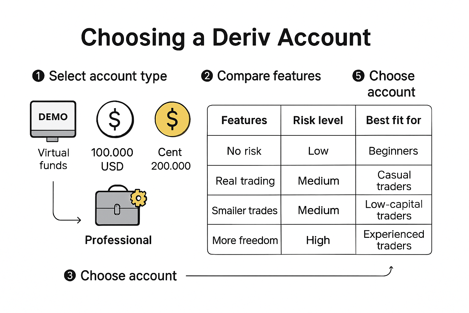 Comparison infographic of Deriv account types and features