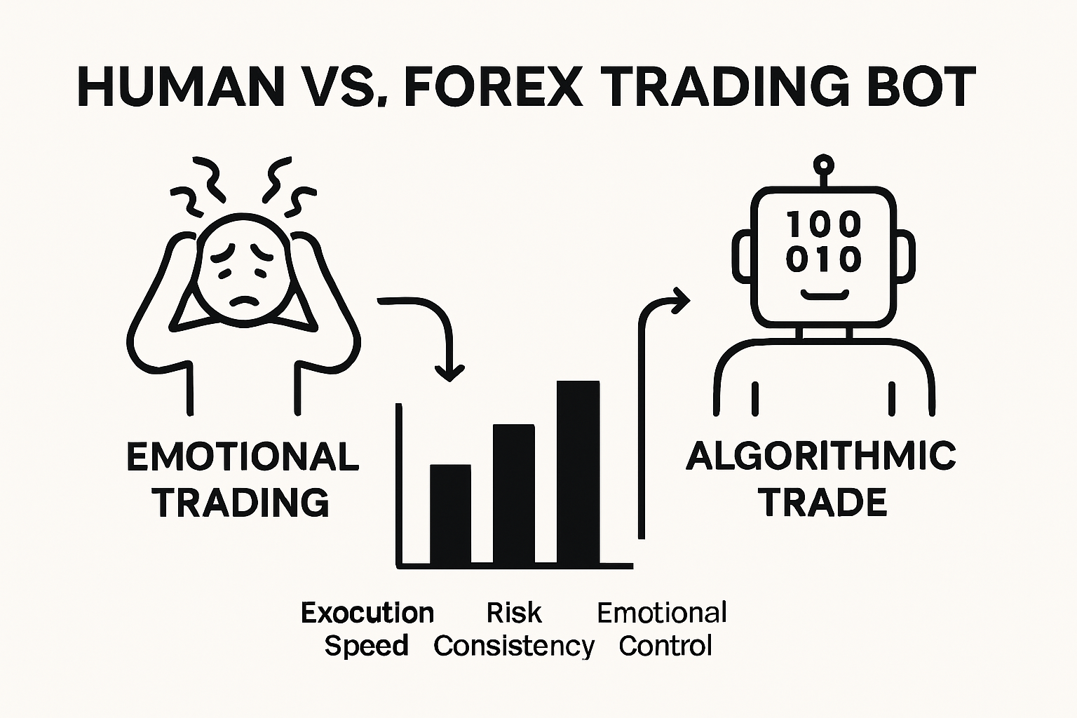 Infographic comparing emotional human trading to algorithm-based forex trading bot