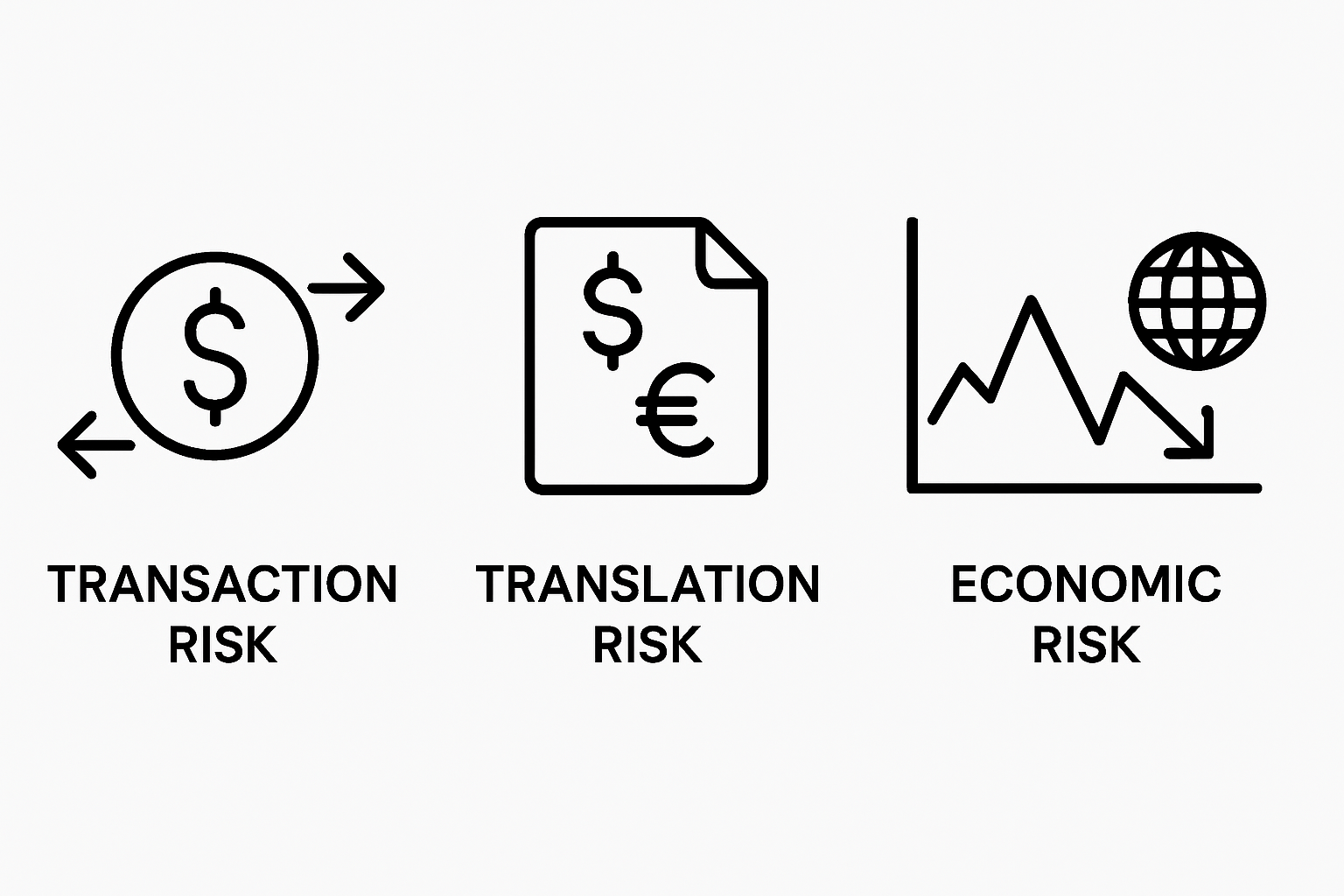 Three icons visualizing transaction, translation, and economic risk types