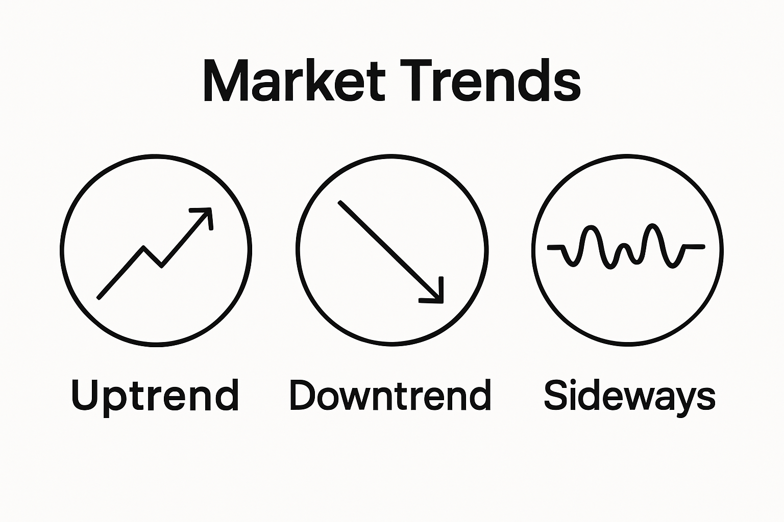 Infographic showing uptrend, downtrend, and sideways market patterns