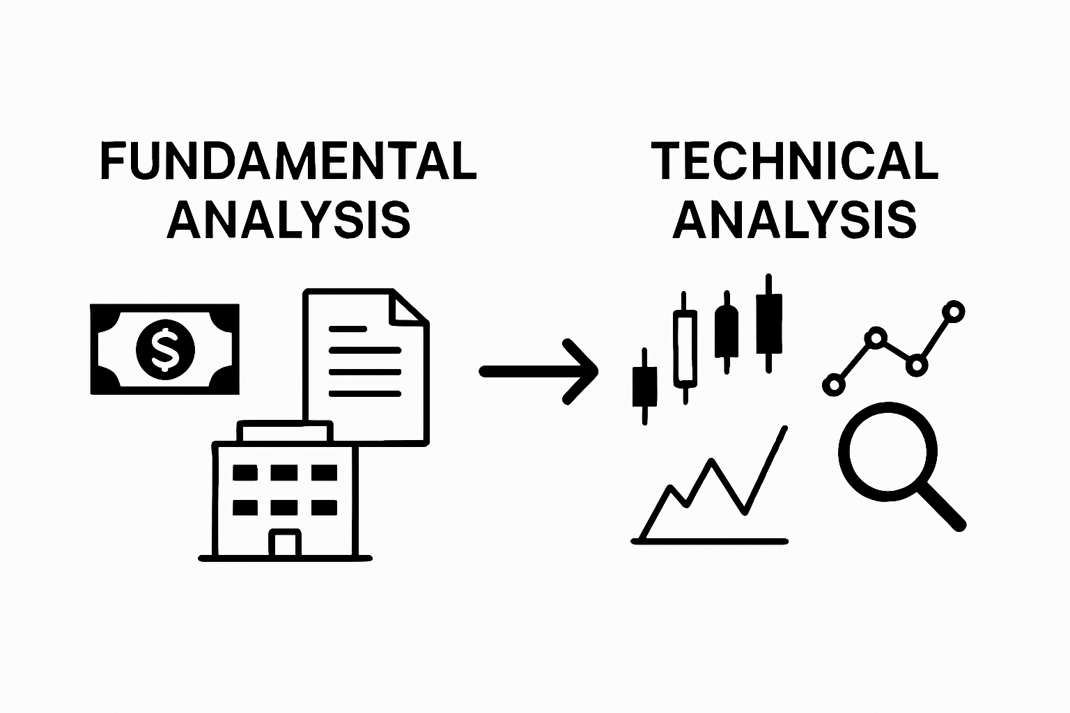 Comparison of fundamental vs technical analysis with icons