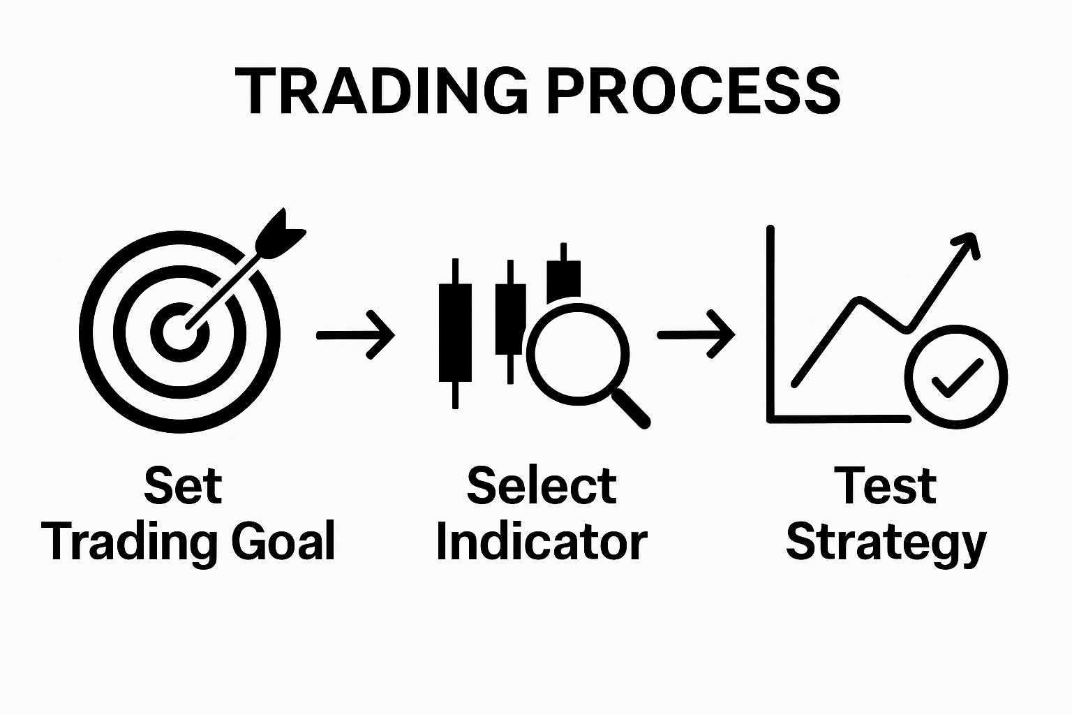 Visual sequence showing setting trading goal, selecting indicator, testing system