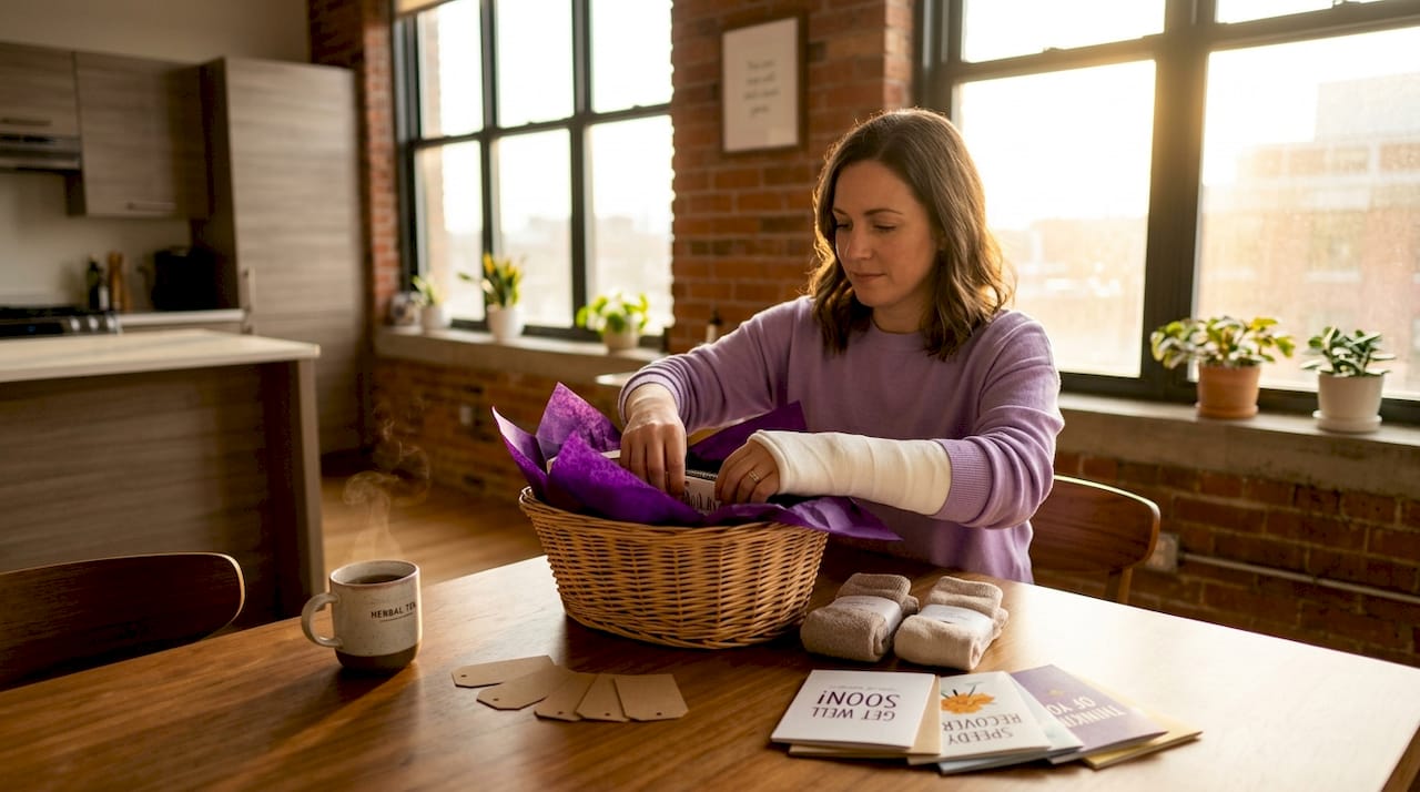 Woman assembling recovery gift basket at home