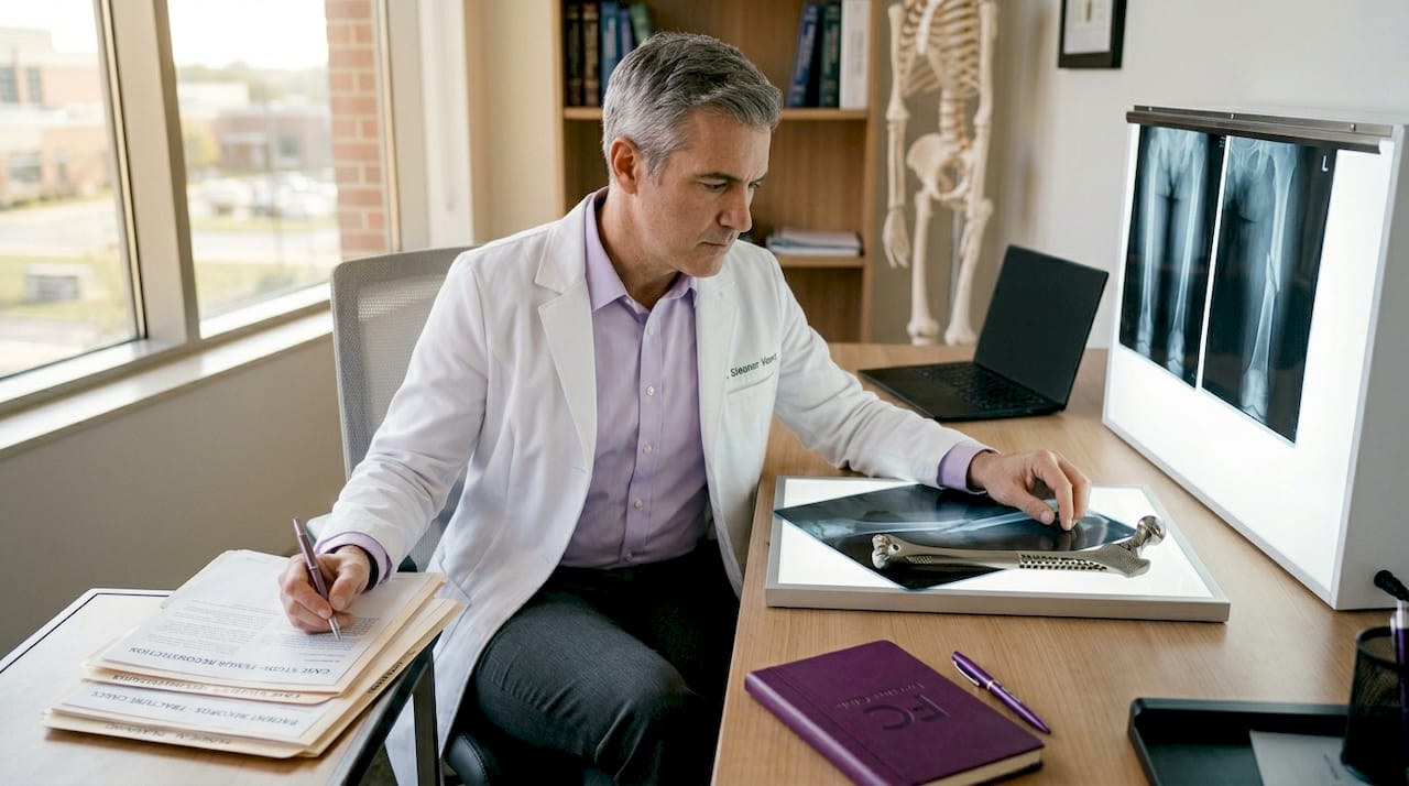 Surgeon reviews X-ray with magnesium implant