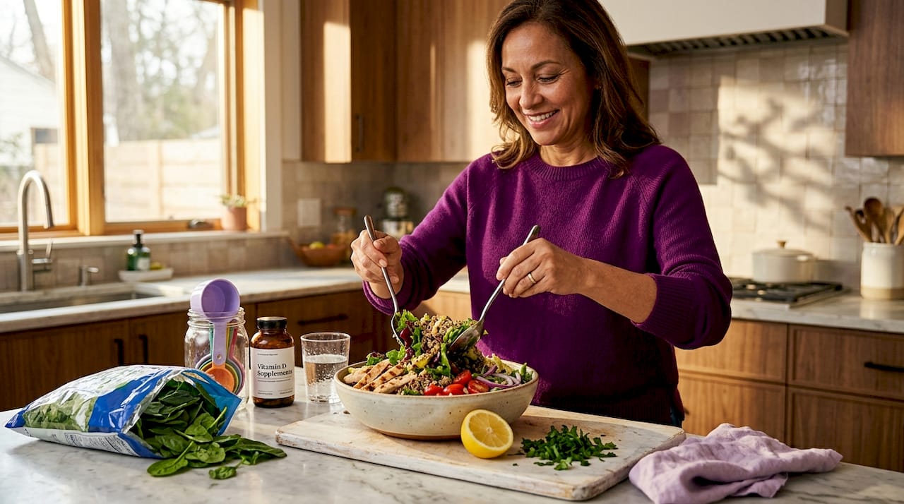 Woman preparing protein-rich meal at home kitchen counter