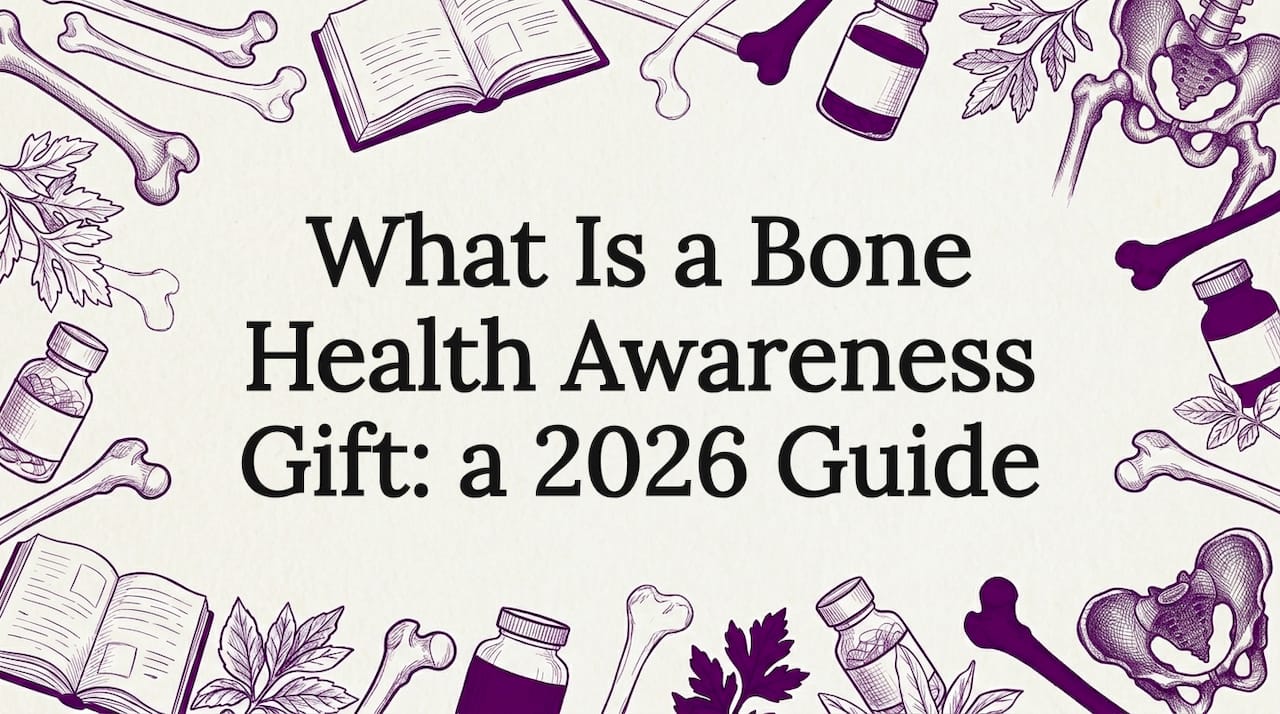 Bone-health themed title card with hand-drawn props framing center