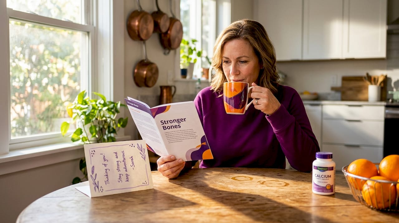 Person reading bone health guide with supplements and fruit