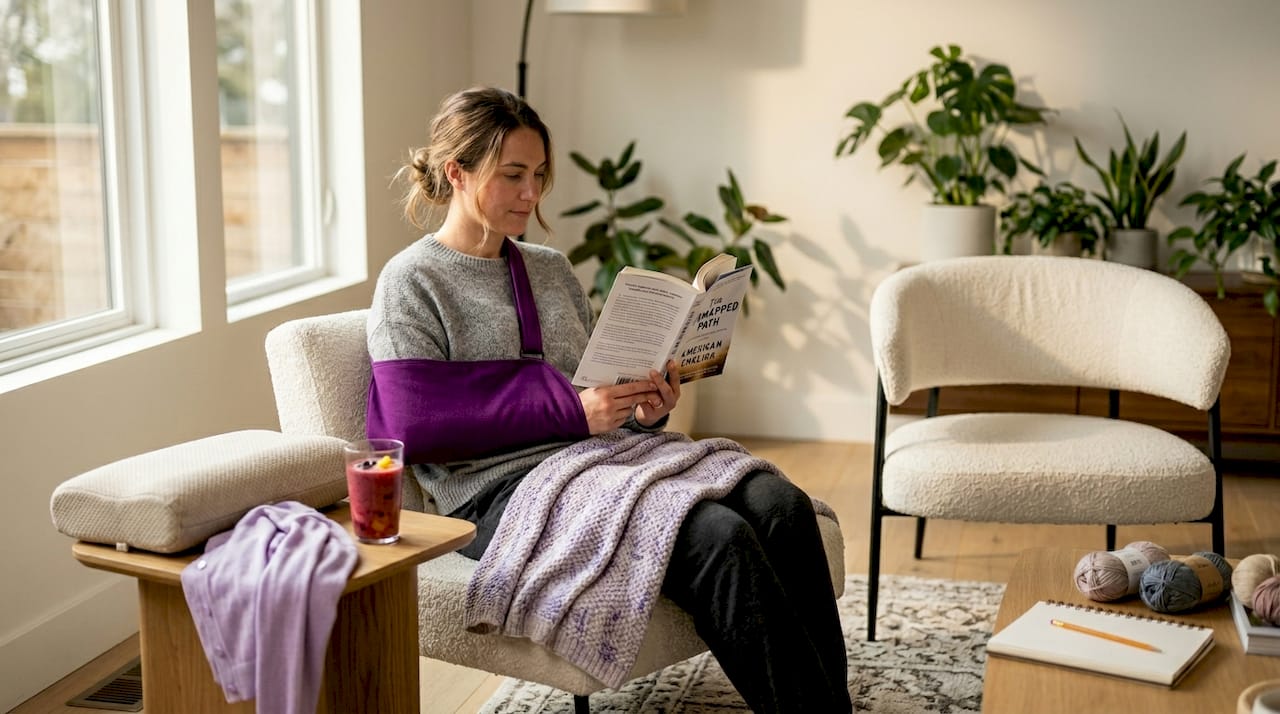 Woman with fracture relaxing in living room