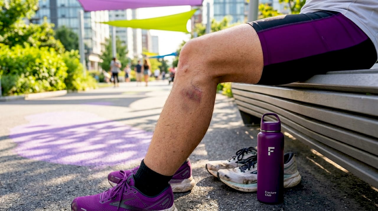 Close-up of runner's tibia showing stress fracture area