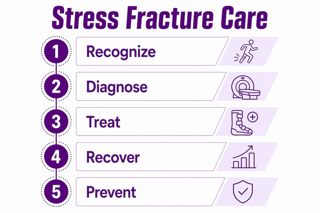 Infographic illustrating stress fracture care steps from recognition to prevention