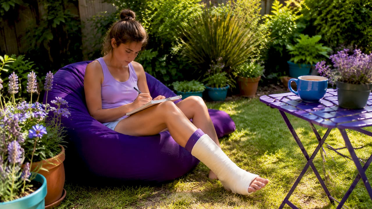 Woman journaling recovery goals at home sofa