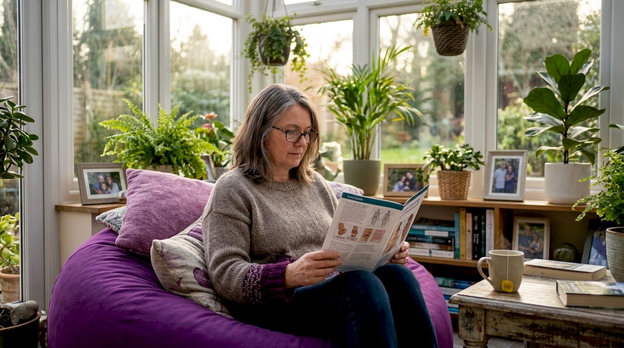 Woman reading about bone fractures at home