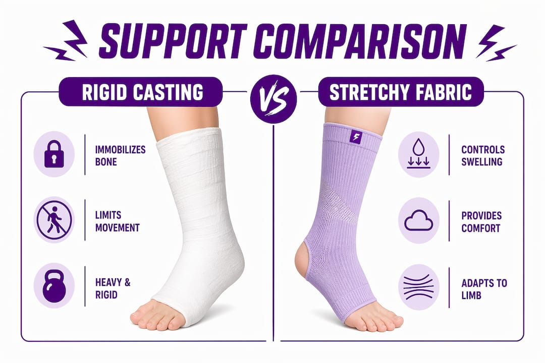 Infographic comparing rigid casting and stretchy fabric