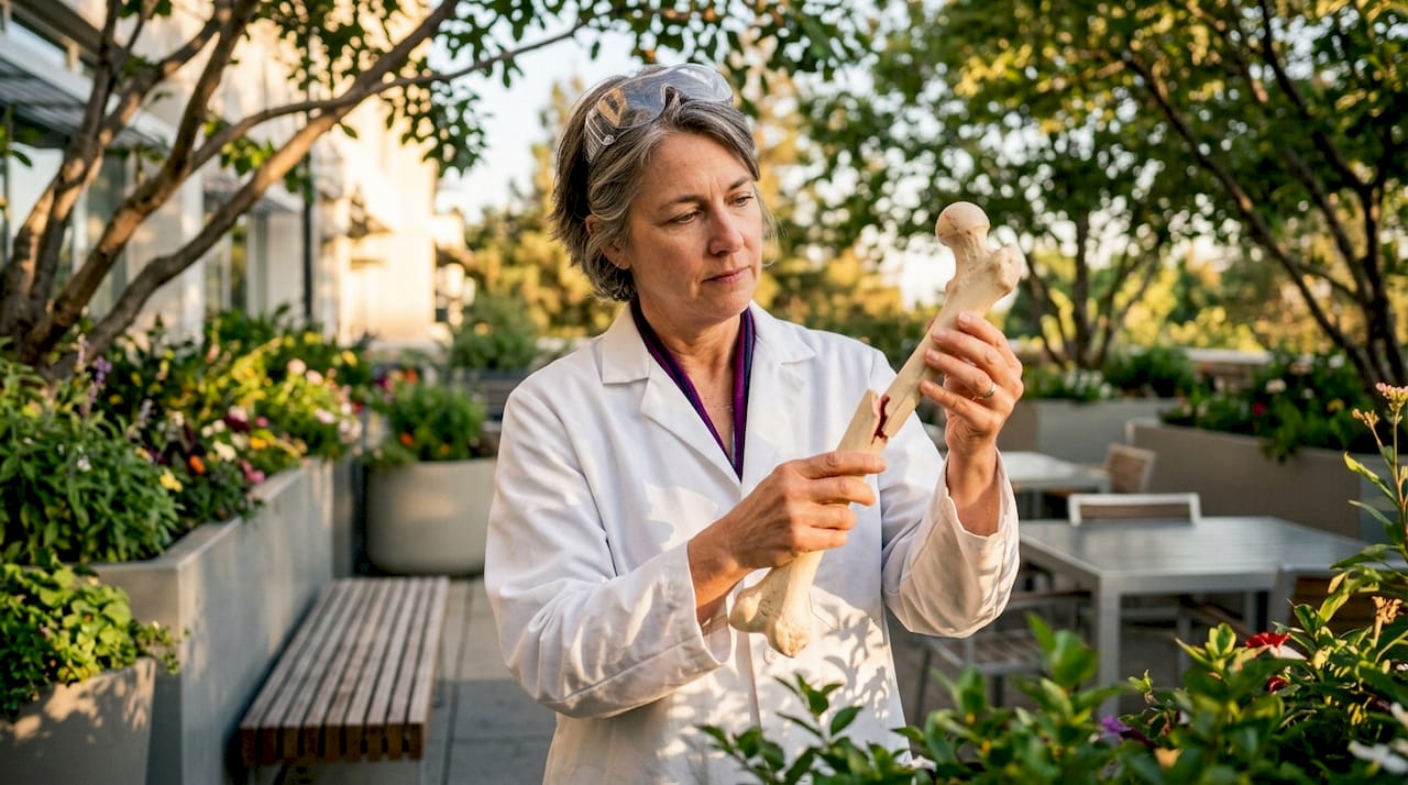 Researcher examining bone fracture model in lab