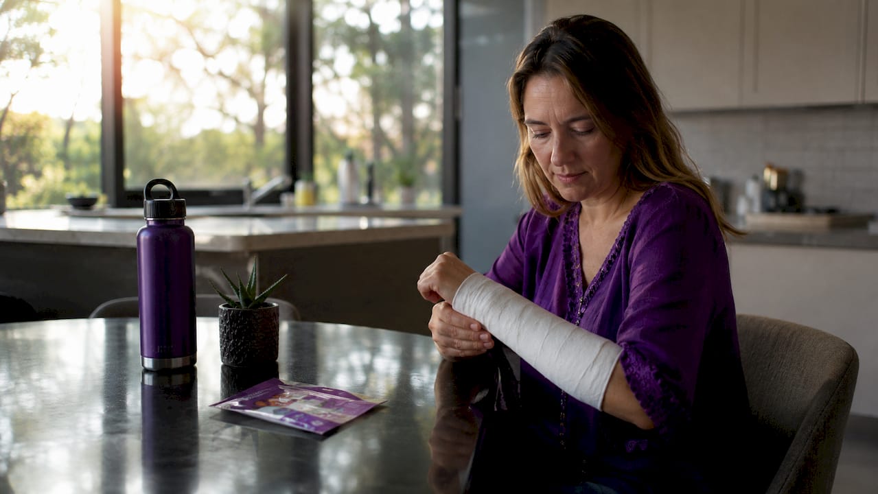 Woman examining forearm cast at kitchen table